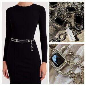 NEW St. John Swarovski Halo Crystal Chain Belt Black Stones Emerald Cut Silver